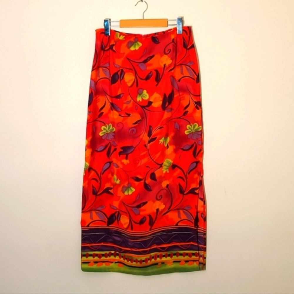 Pariscope| Vintage Red Pencil Skirt With Gloral Design Polyester